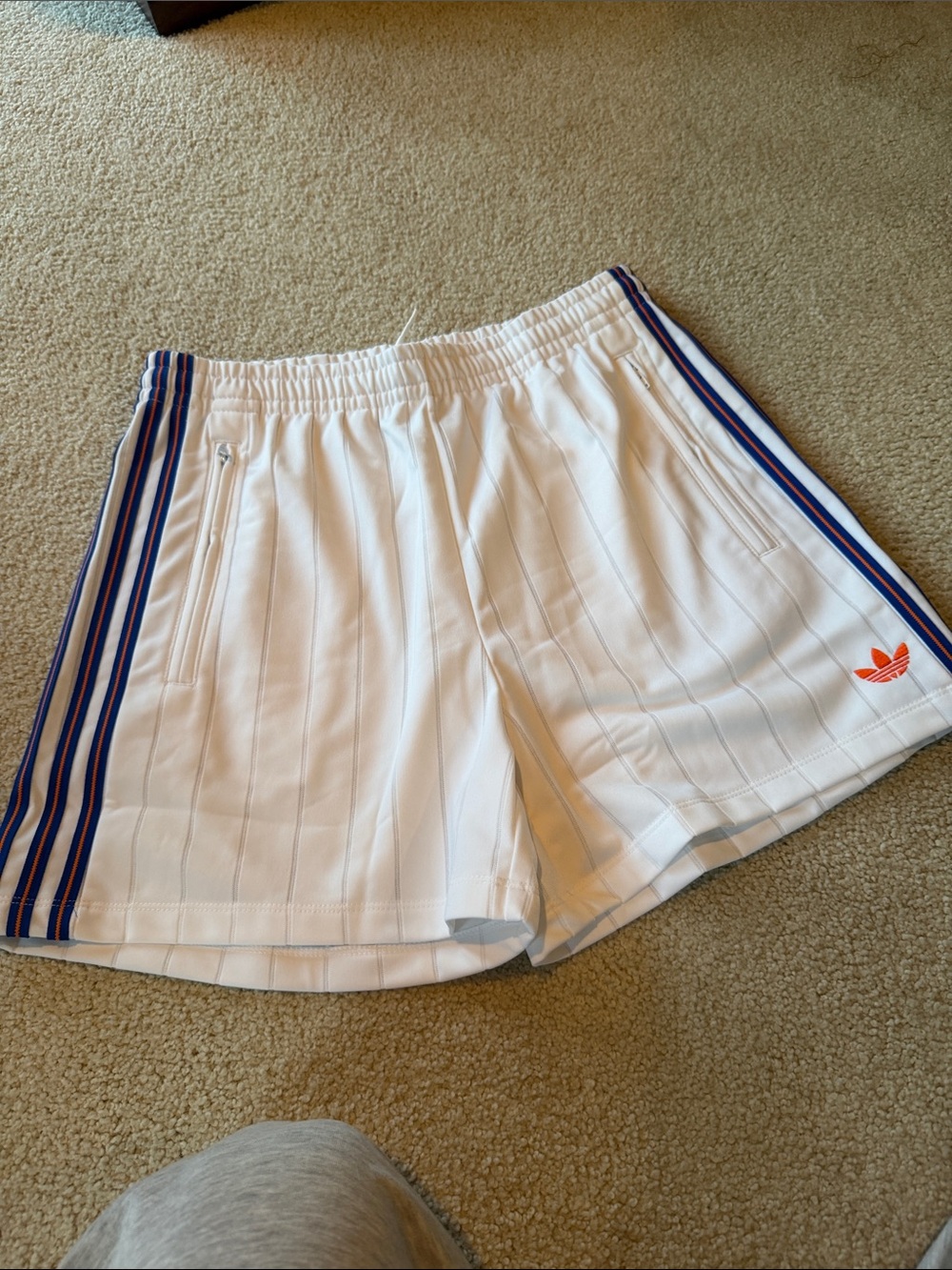 adidas White Athletic Shorts with Navy and Red Side Stripes